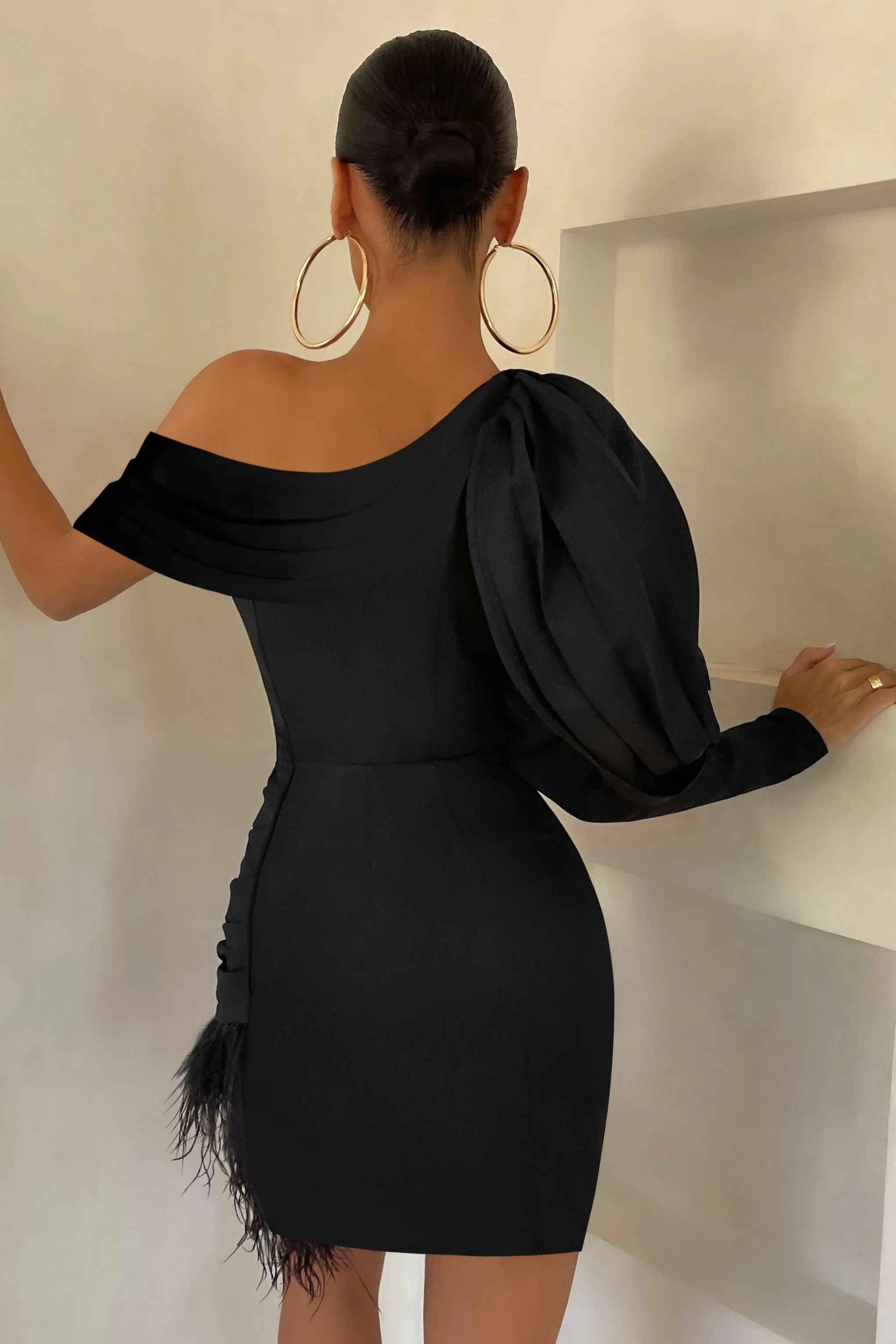 black asymmetric volume sleeve draped feather mini dress RSVP | Black Asymmetric Volume Sleeve Draped Feather Mini Dress