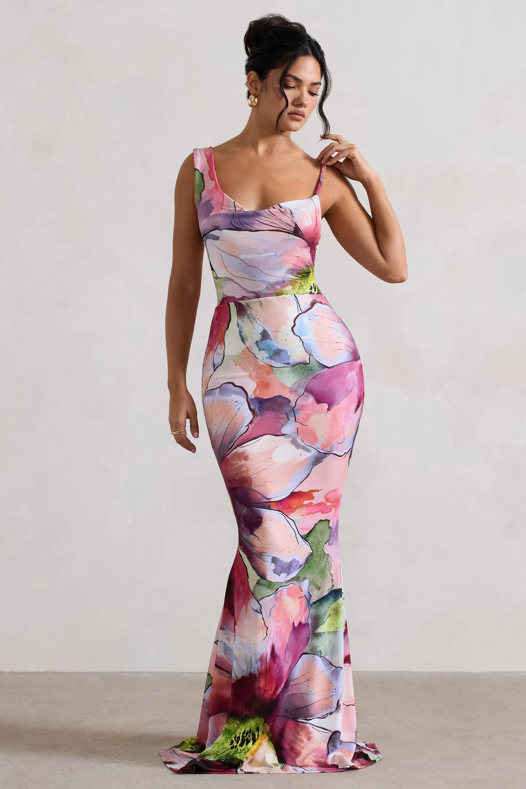 Phantasy | Pink Floral Print Asymmetric Neckline Cowl Maxi Dress sold by Club L London product image thumbnail 4
