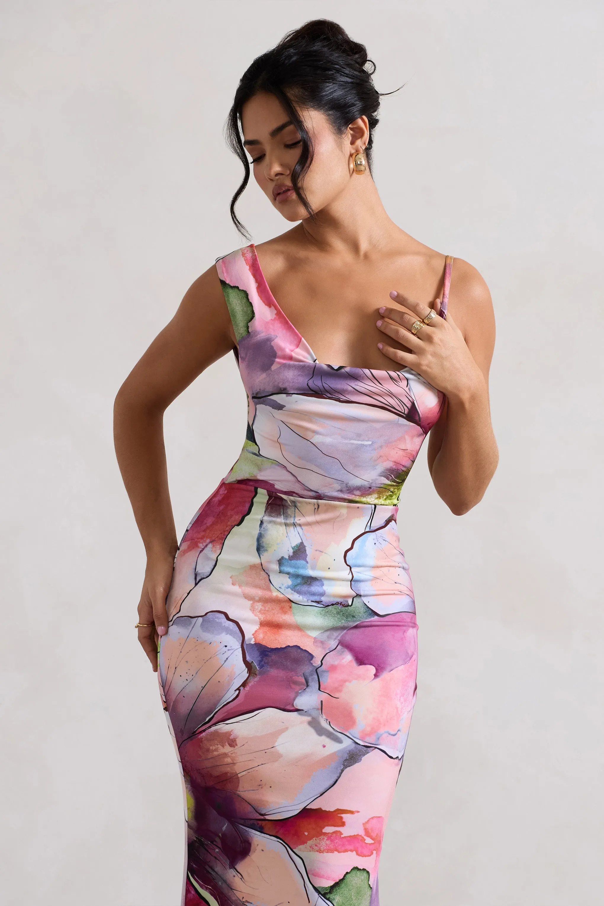 Phantasy | Pink Floral Print Asymmetric Neckline Cowl Maxi Dress sold by Club L London product image thumbnail 3
