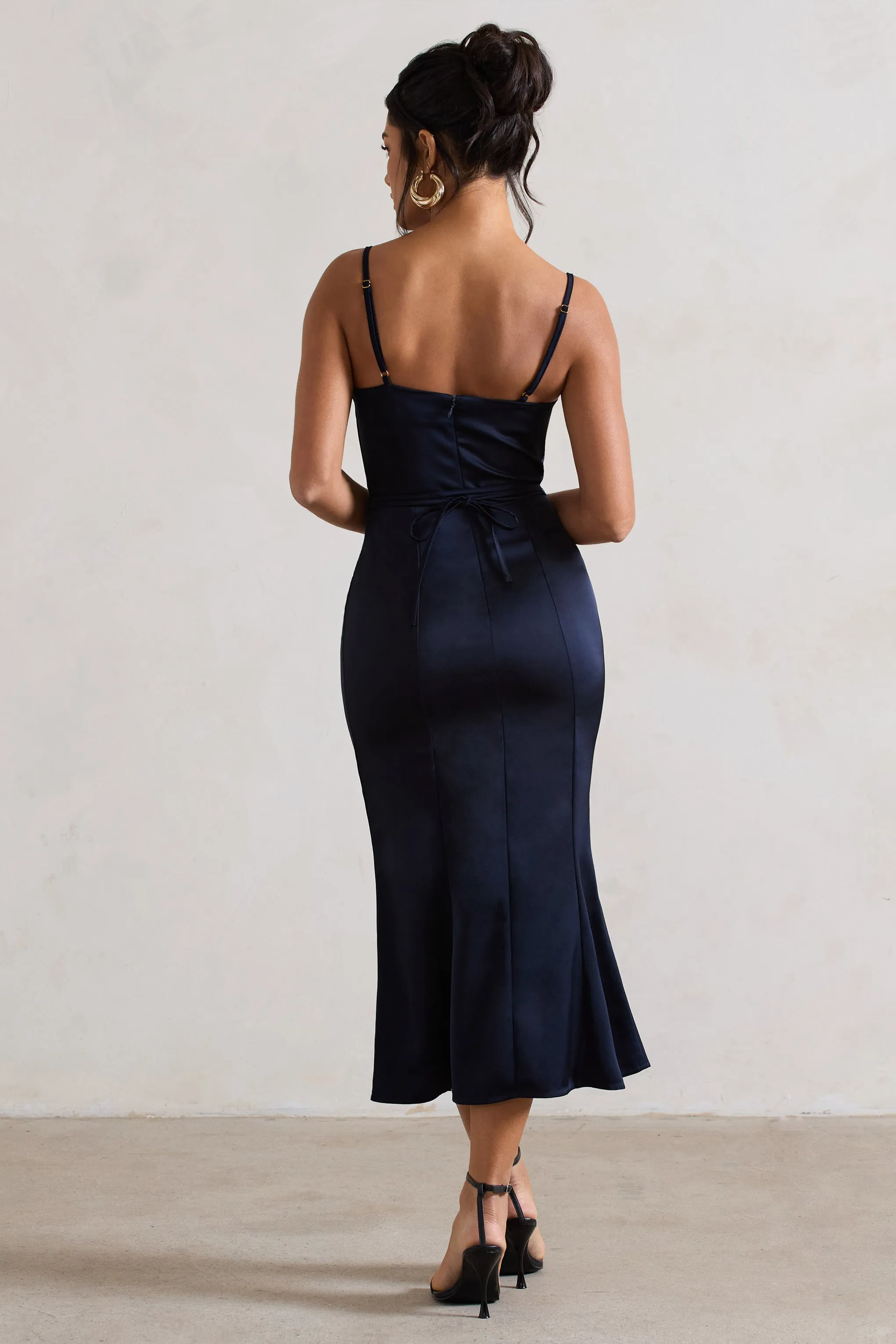 Just A Moment | Navy Satin Cowl-Neck Midi Dress With Tie Waist sold by Club L London product image thumbnail 2