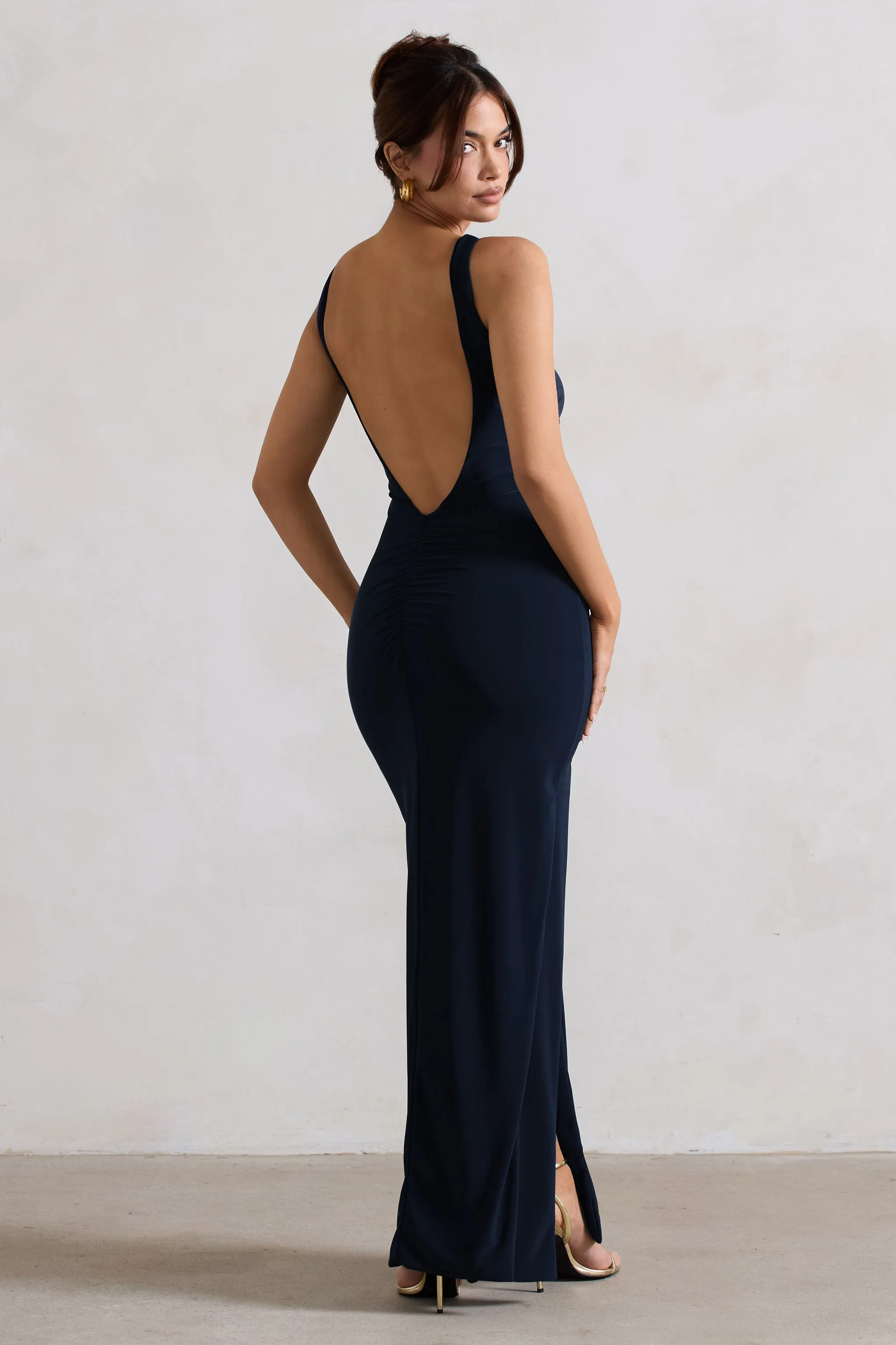 Kate | Navy Square Neck Maxi Dress with Plunge Back and Side Thigh Split sold by Club L London product image thumbnail 2