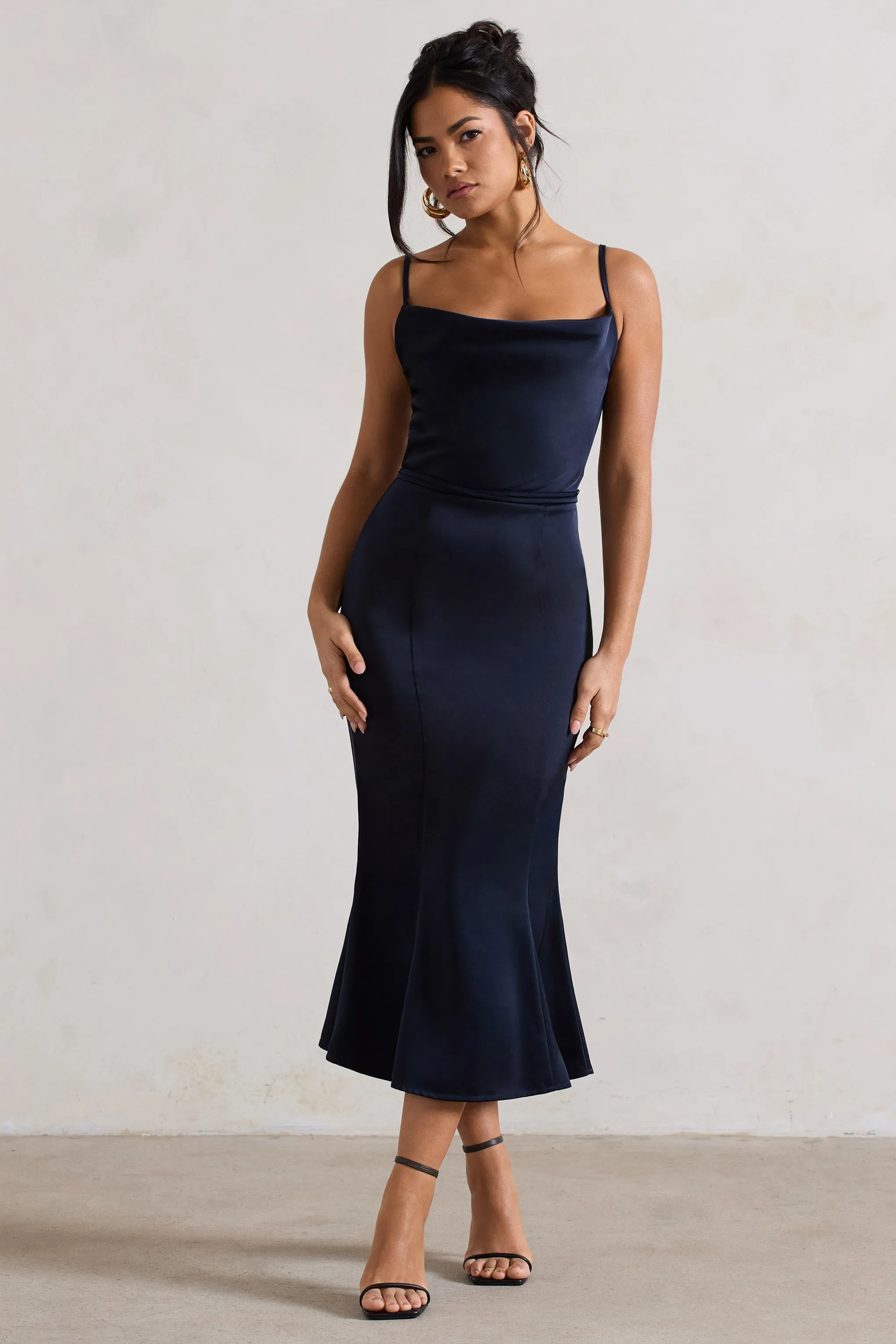 Just A Moment | Navy Satin Cowl-Neck Midi Dress With Tie Waist sold by Club L London product image thumbnail 5