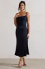 Just A Moment | Navy Satin Cowl-Neck Midi Dress With Tie Waist sold by Club L London
