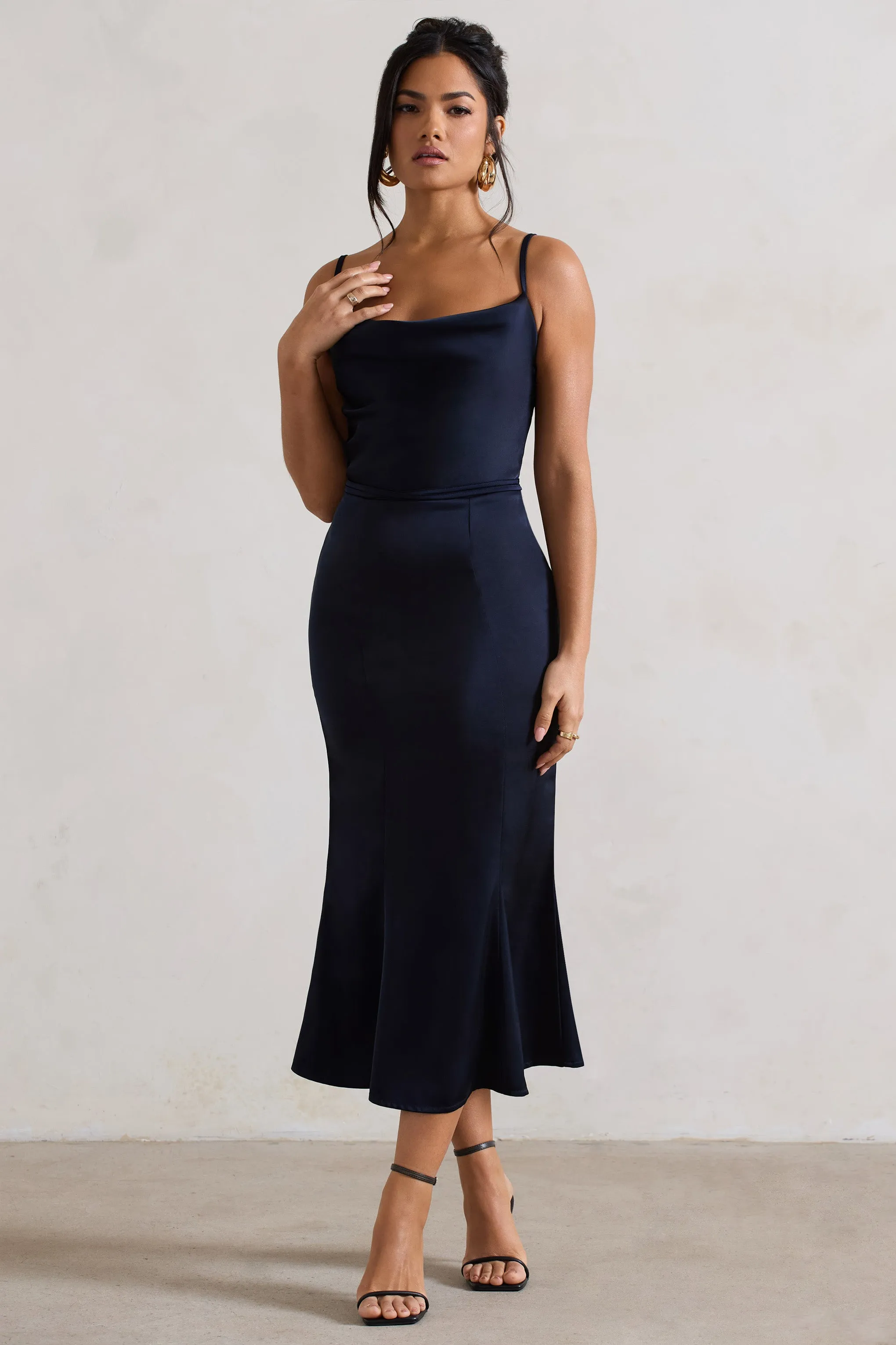 Just A Moment | Navy Satin Cowl-Neck Midi Dress With Tie Waist sold by Club L London product image thumbnail 4