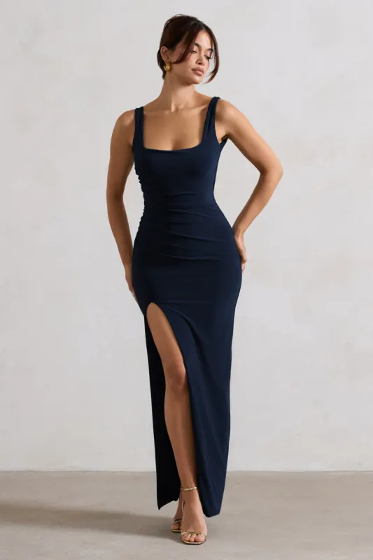 Kate | Navy Square Neck Maxi Dress with Plunge Back and Side Thigh Split sold by Club L London