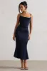 Just A Moment | Navy Satin Cowl-Neck Midi Dress With Tie Waist sold by Club L London