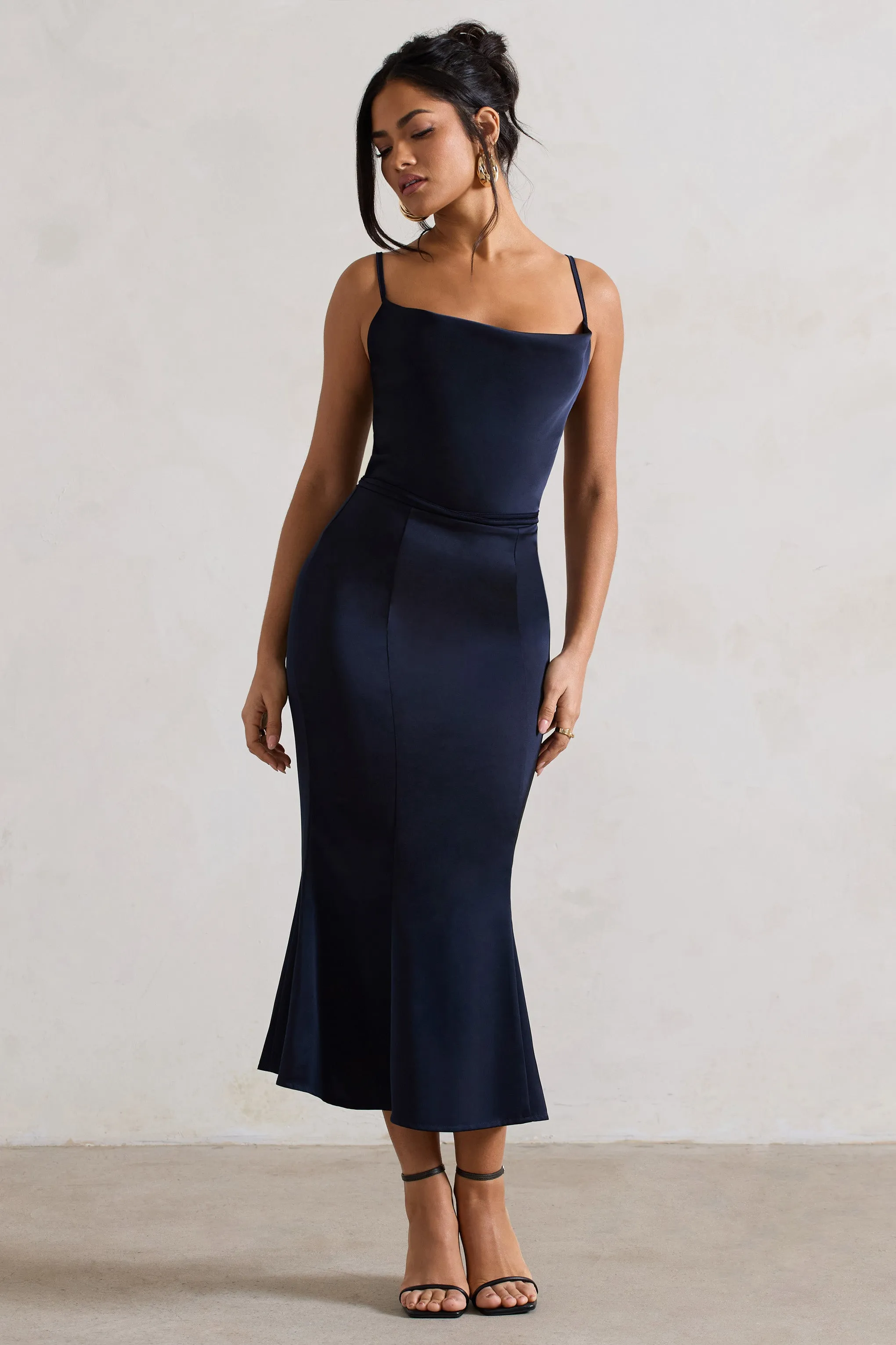 Just A Moment | Navy Satin Cowl-Neck Midi Dress With Tie Waist sold by Club L London