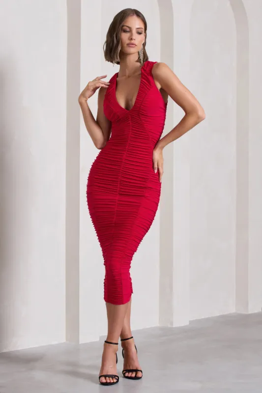 Tempting Fate | Red Ruched Bodycon V-Neck Midi Dress sold by Club L London