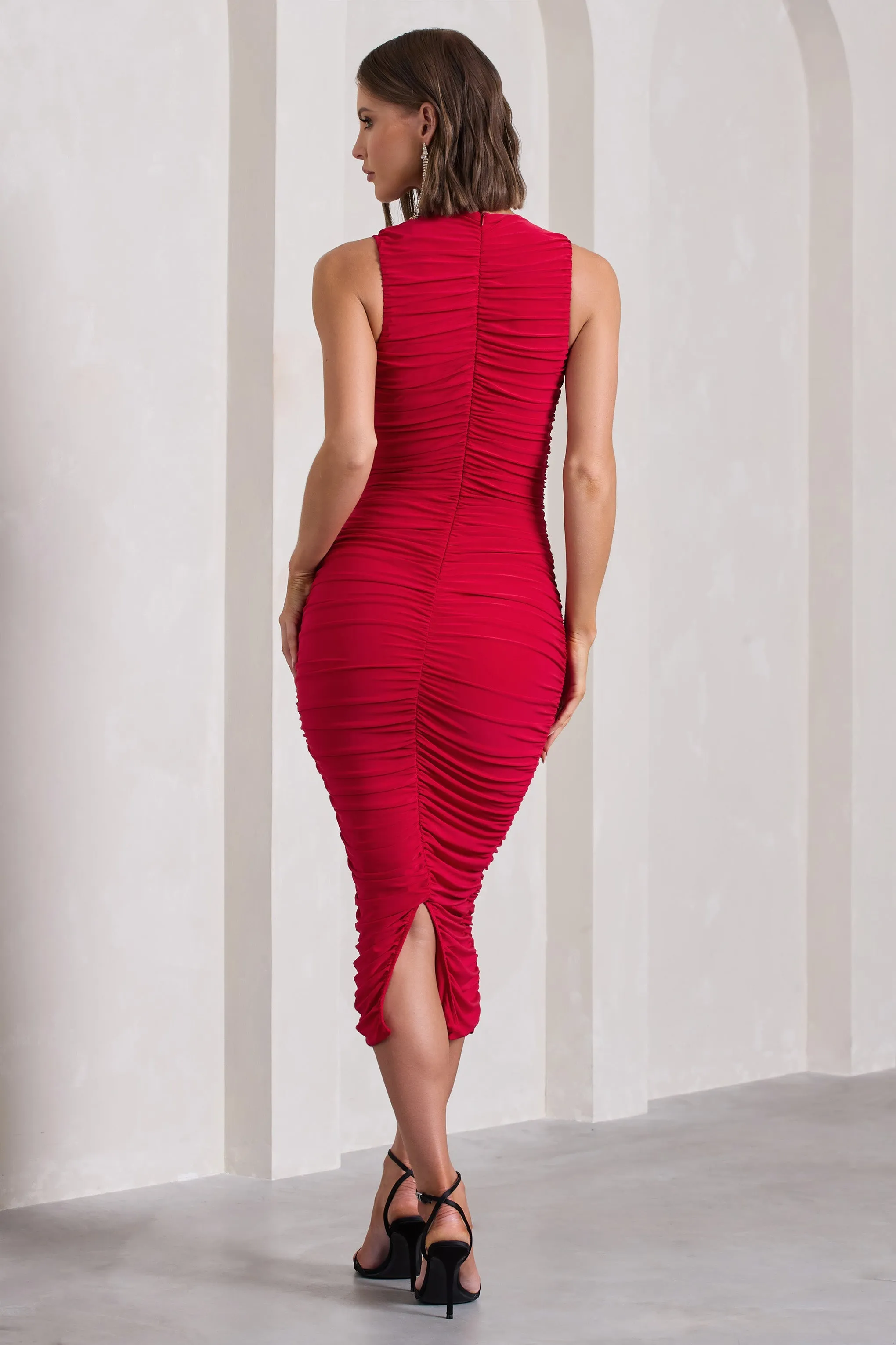Tempting Fate | Red Ruched Bodycon V-Neck Midi Dress sold by Club L London product image thumbnail 2