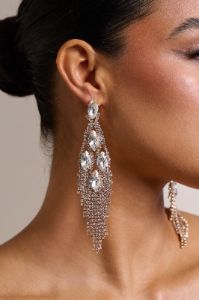 Peony | Gold Diamante Chandelier Drop Earrings sold by Club L London