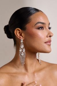Peony | Gold Diamante Chandelier Drop Earrings sold by Club L London