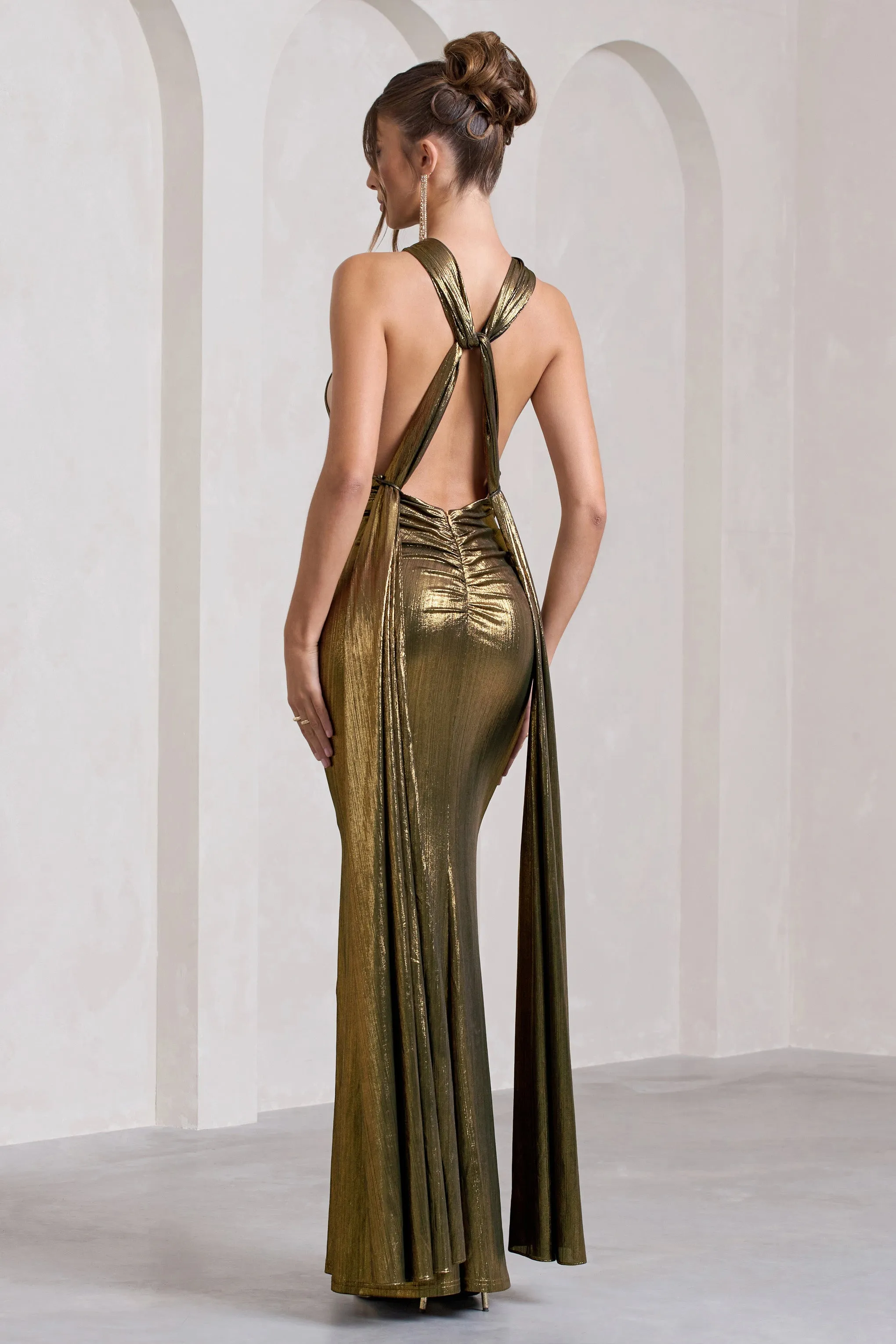 Lost | Gold Metallic Halter-Neck Cut-Out Split Maxi Dress With Drape sold by Club L London product image thumbnail 2