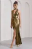 Lost | Gold Metallic Halter-Neck Cut-Out Split Maxi Dress With Drape sold by Club L London