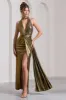 Lost | Gold Metallic Halter-Neck Cut-Out Split Maxi Dress With Drape sold by Club L London
