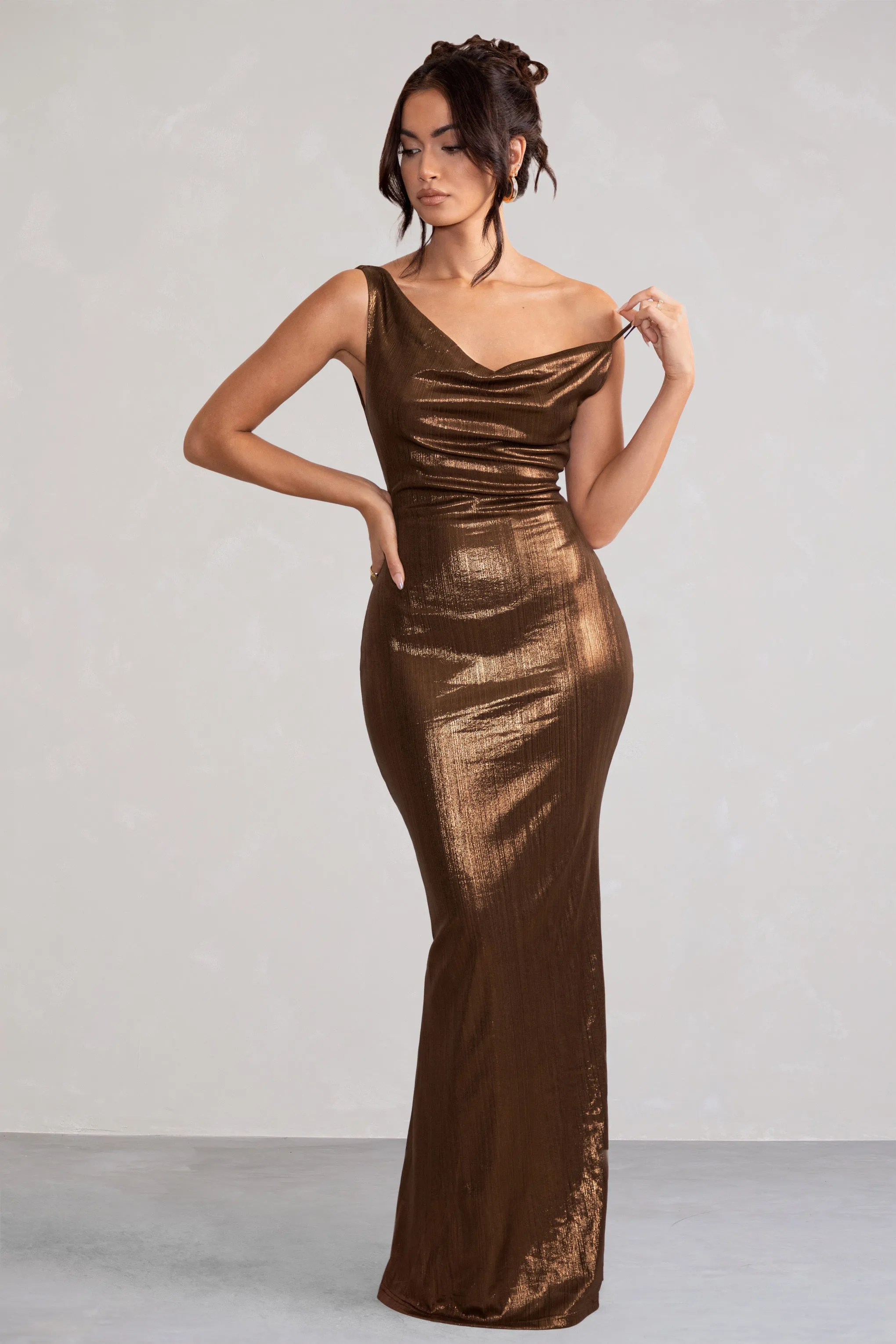 Galaxy Shimmer | Bronze Bias Cut Cowl Front Maxi Dress sold by Club L London product image thumbnail 4