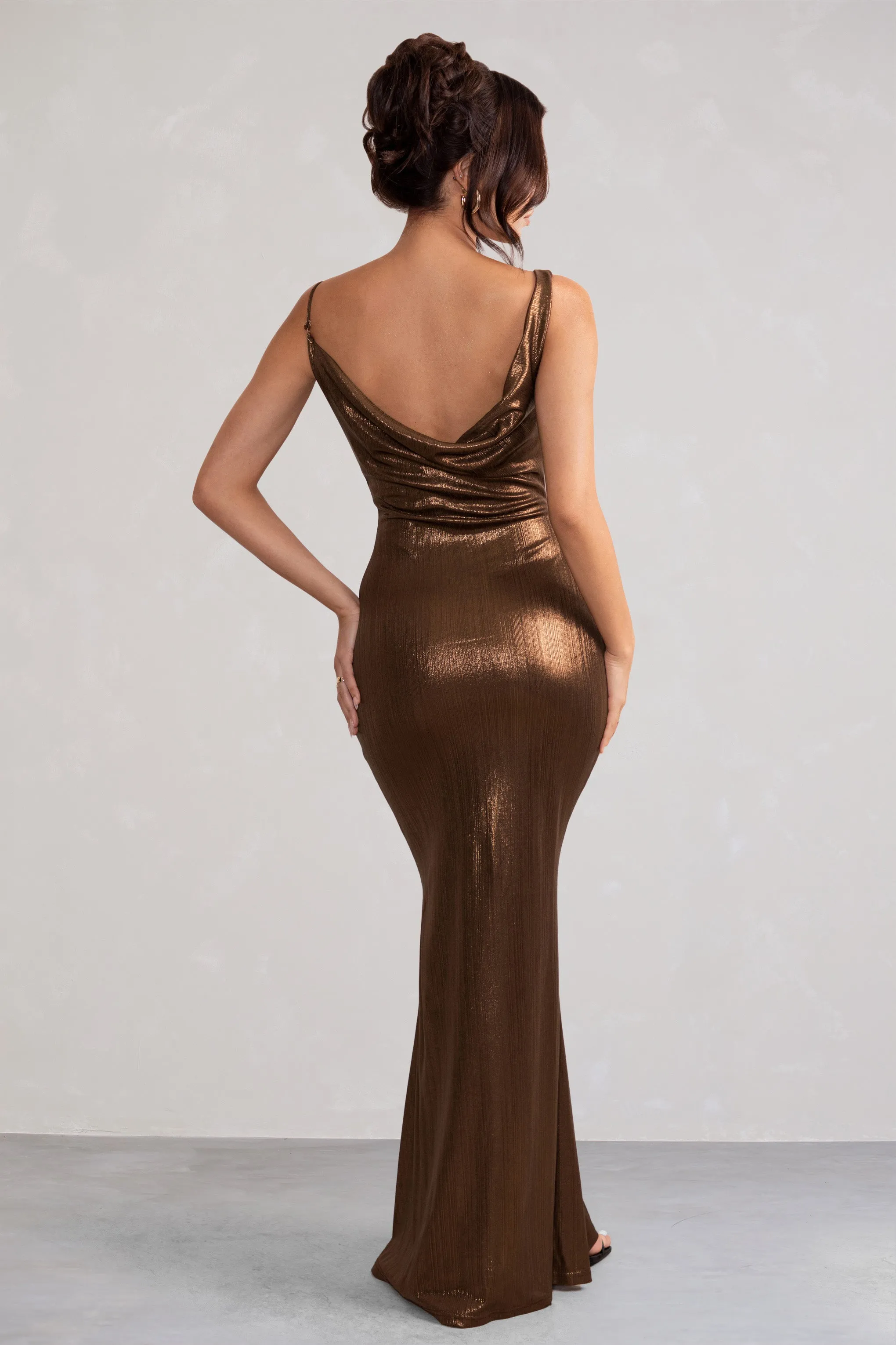 Galaxy Shimmer | Bronze Bias Cut Cowl Front Maxi Dress sold by Club L London product image thumbnail 2