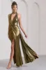 Lost | Gold Metallic Halter-Neck Cut-Out Split Maxi Dress With Drape sold by Club L London