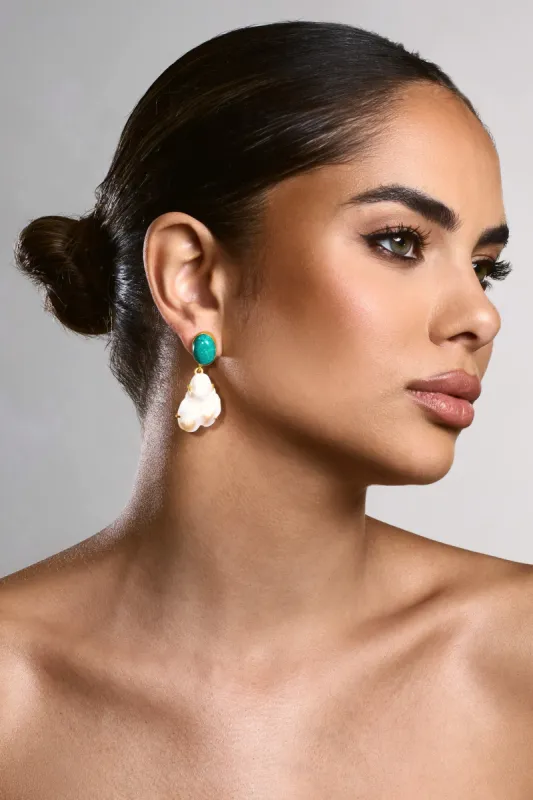 Aqua | Gold & Green Drop Earrings With Iridescent Shells sold by Club L London