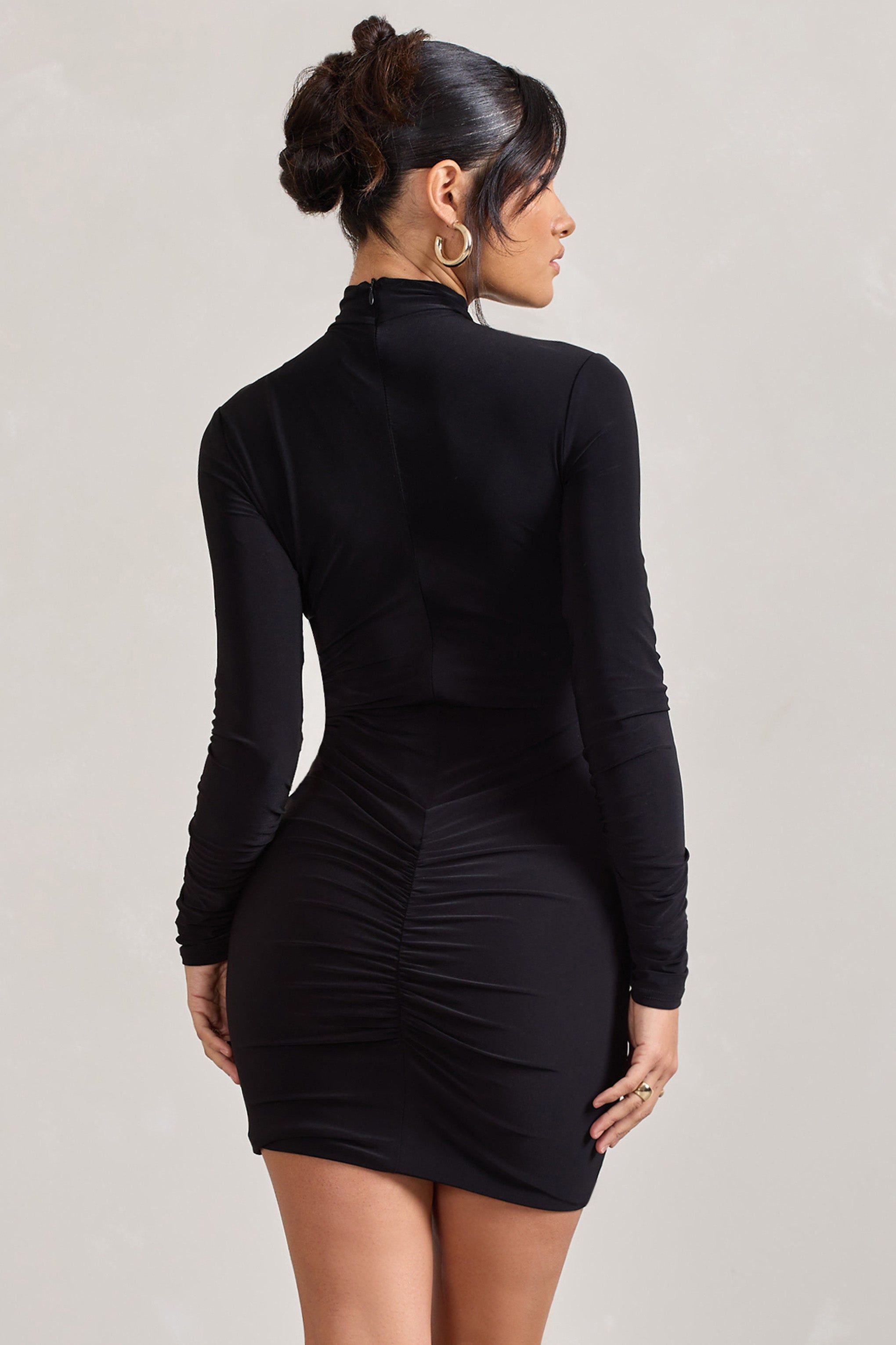 Eve | Black Crossed-Neck Long-Sleeved Bodycon Mini Dress sold by Club L London product image thumbnail 2