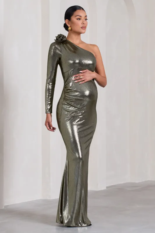 Rosepetal | Silver Metallic Asymmetric Maternity Maxi Dress With Flower sold by Club L London