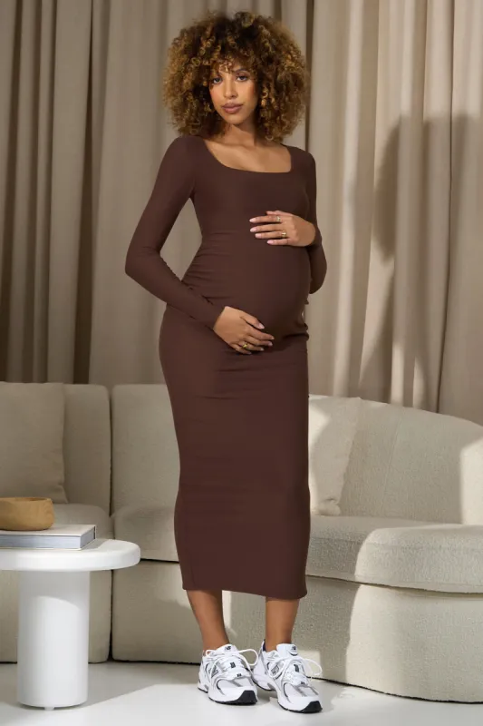 Leonora | Chocolate Brown Square-Neck Long-Sleeve Split Maternity Maxi Dress sold by Club L London
