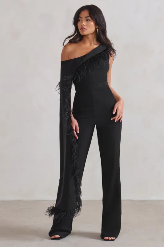 Cindy | Black One-Shoulder Cape Jumpsuit with Feather Trim sold by Club L London
