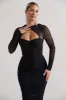 Mojito | Black Ruched Cut-Out Long-Sleeve Midi Dress sold by Club L London