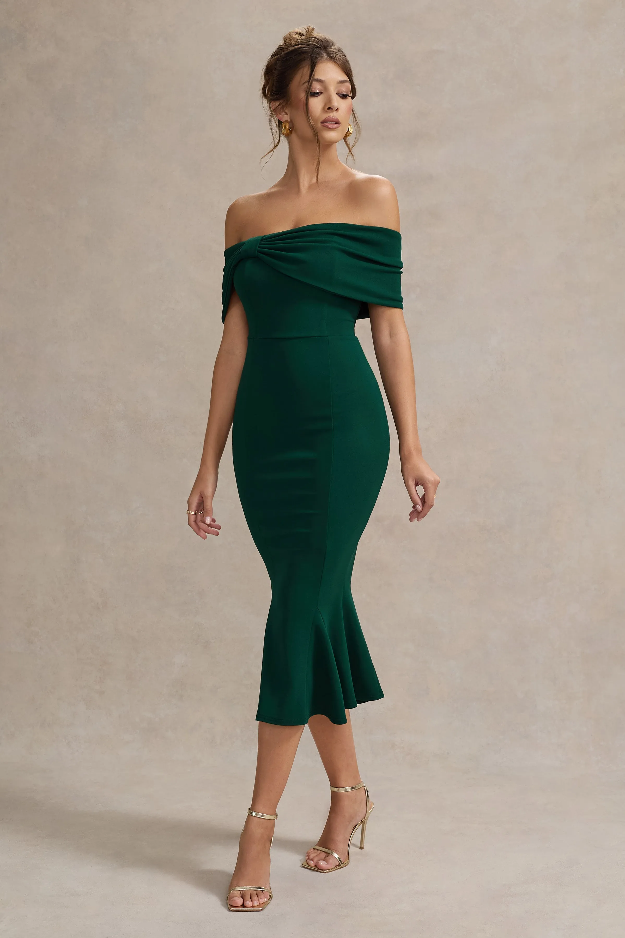 Lydia | Bottle Green Bardot Bow Detail Midi Dress sold by Club L London
