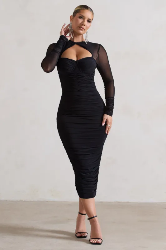 Mojito | Black Ruched Cut-Out Long-Sleeve Midi Dress sold by Club L London