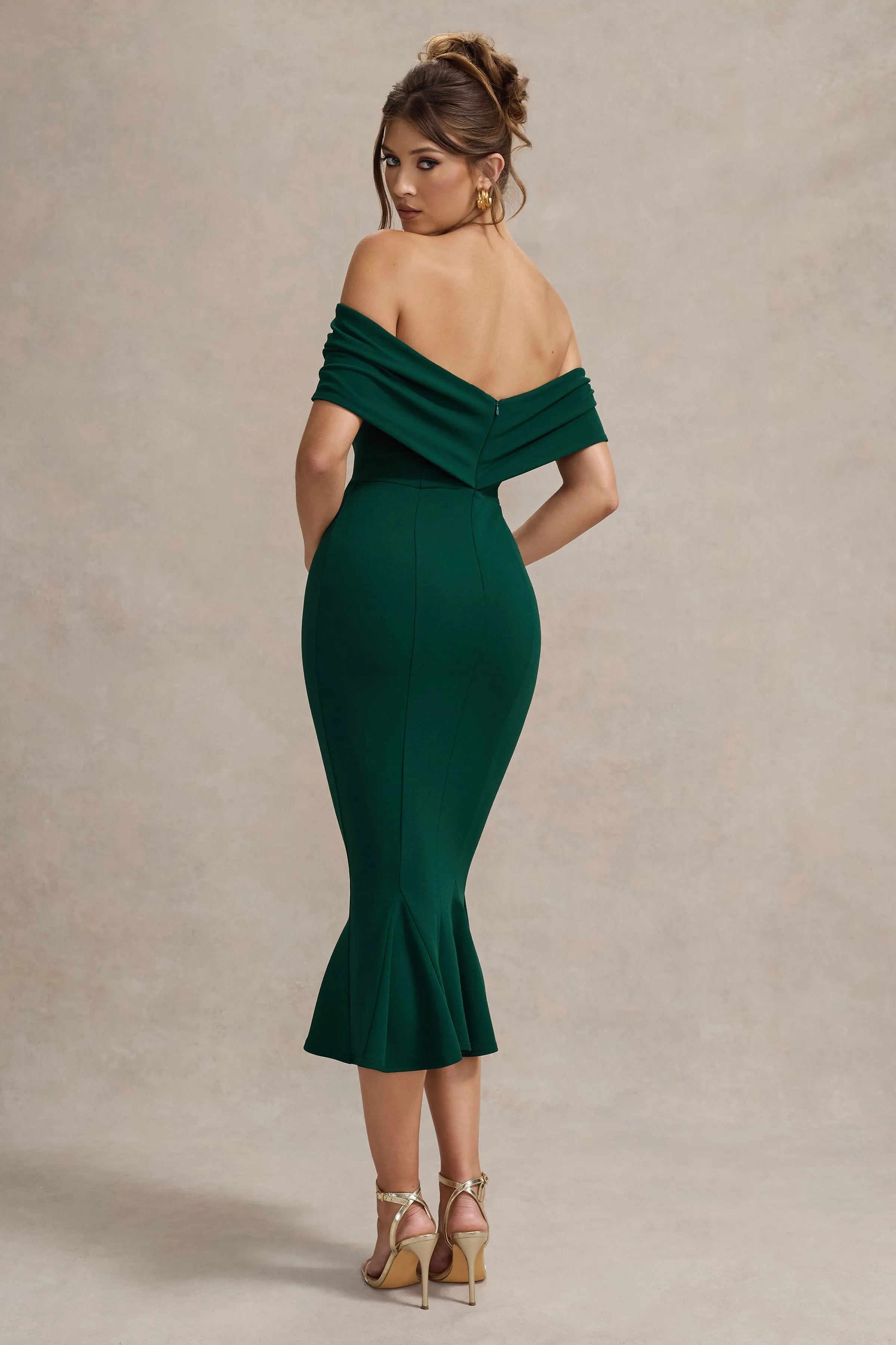 Lydia | Bottle Green Bardot Bow Detail Midi Dress sold by Club L London product image thumbnail 2