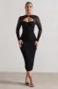 Mojito | Black Ruched Cut-Out Long-Sleeve Midi Dress sold by Club L London