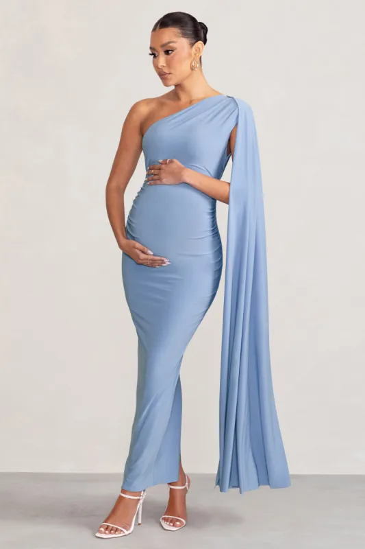 Amaryllis | Powder Blue Maternity One Shoulder Maxi Dress with Cape Sleeve sold by Club L London