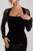 Off-Piste | Black Velvet Bodycon Mini Dress With Sheer Sleeves sold by Club L London