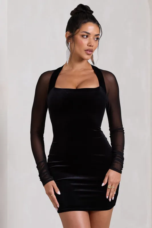 Off-Piste | Black Velvet Bodycon Mini Dress With Sheer Sleeves sold by Club L London