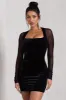 Off-Piste | Black Velvet Bodycon Mini Dress With Sheer Sleeves sold by Club L London