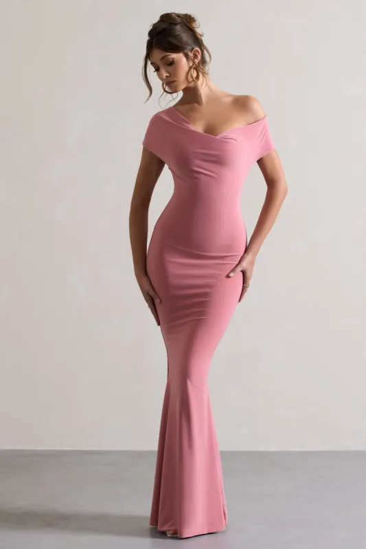 Avila | Blush Pink Asymmetric Bardot Maxi Dress sold by Club L London