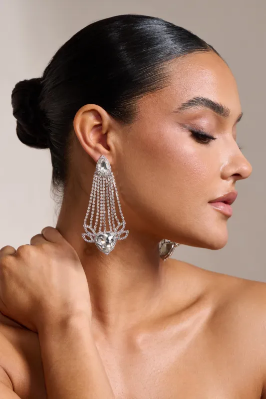 Barbarella | Silver Diamante Tassel Heartshape Drop Earrings sold by Club L London