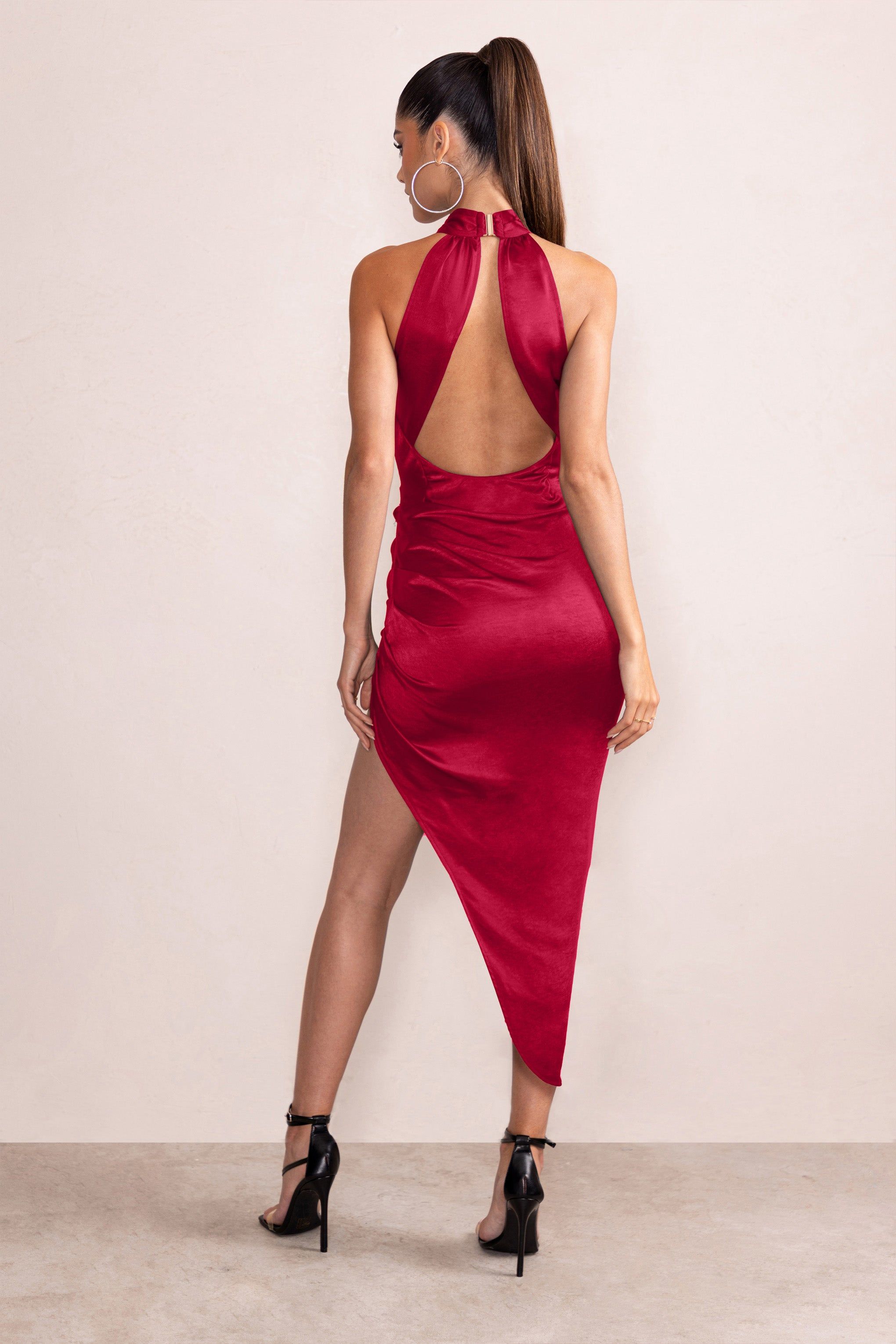 Samara | Red Satin Cross Halter Neck Asymmetric Skirt Midi Dress sold by Club L London product image thumbnail 2