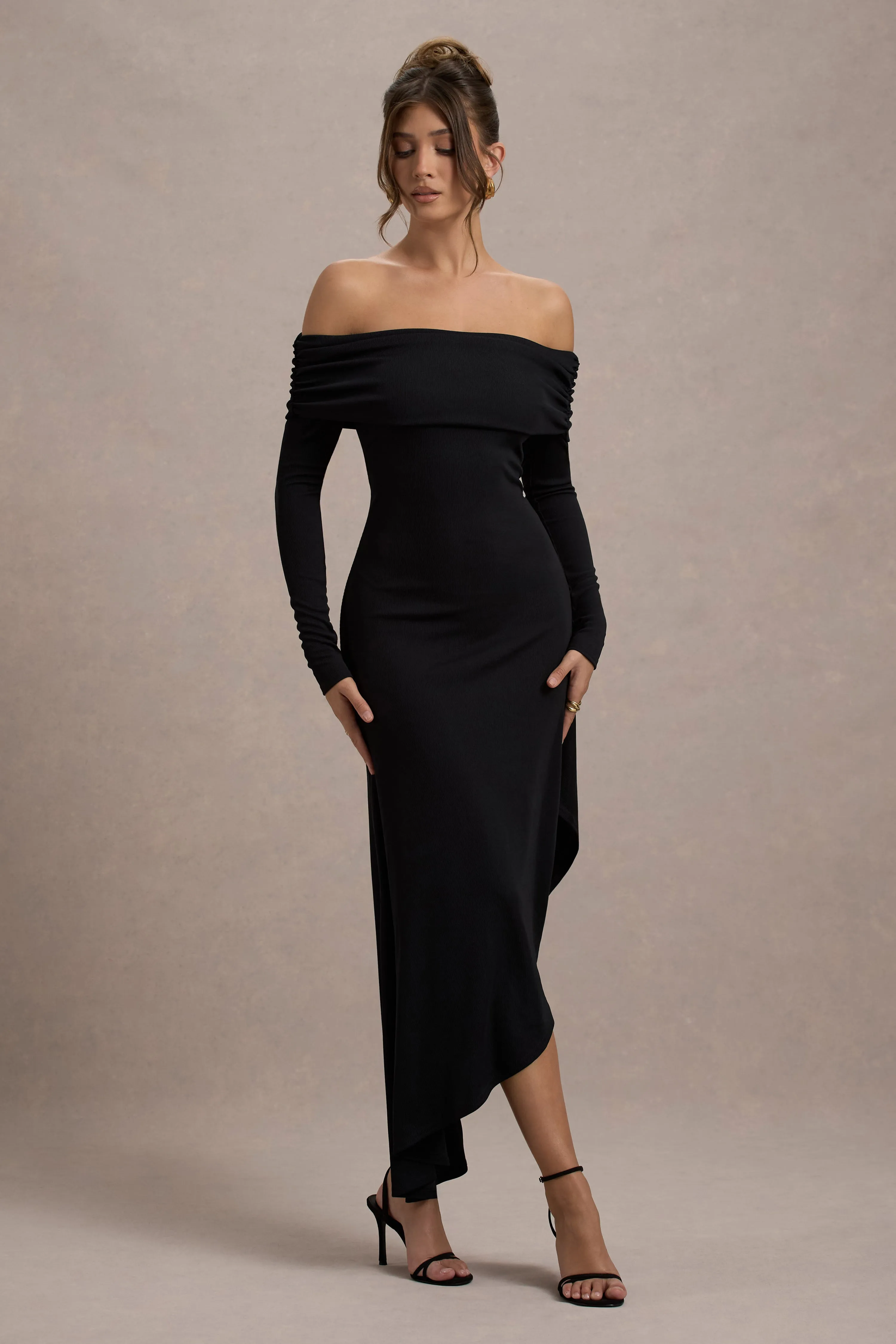 Romina | Black Rib Knit Bardot Maxi Dress With Asymmetric Hem sold by Club L London product image thumbnail 4