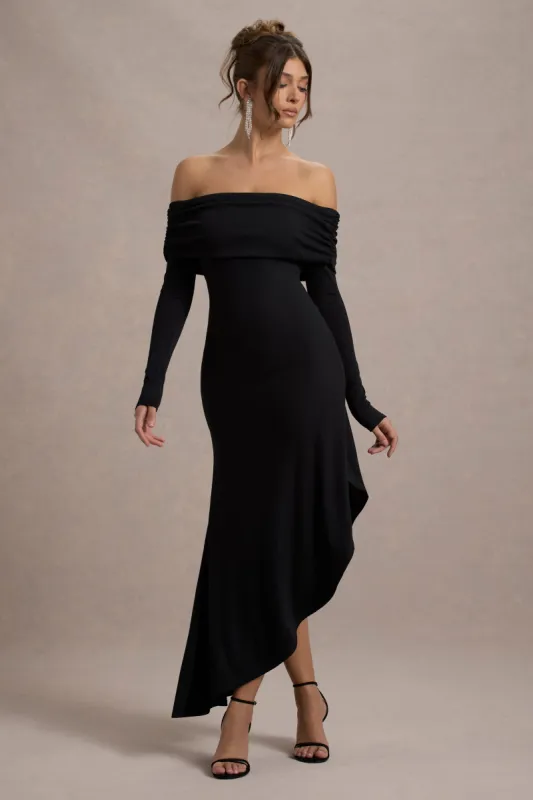 Romina | Black Rib Knit Bardot Maxi Dress With Asymmetric Hem sold by Club L London