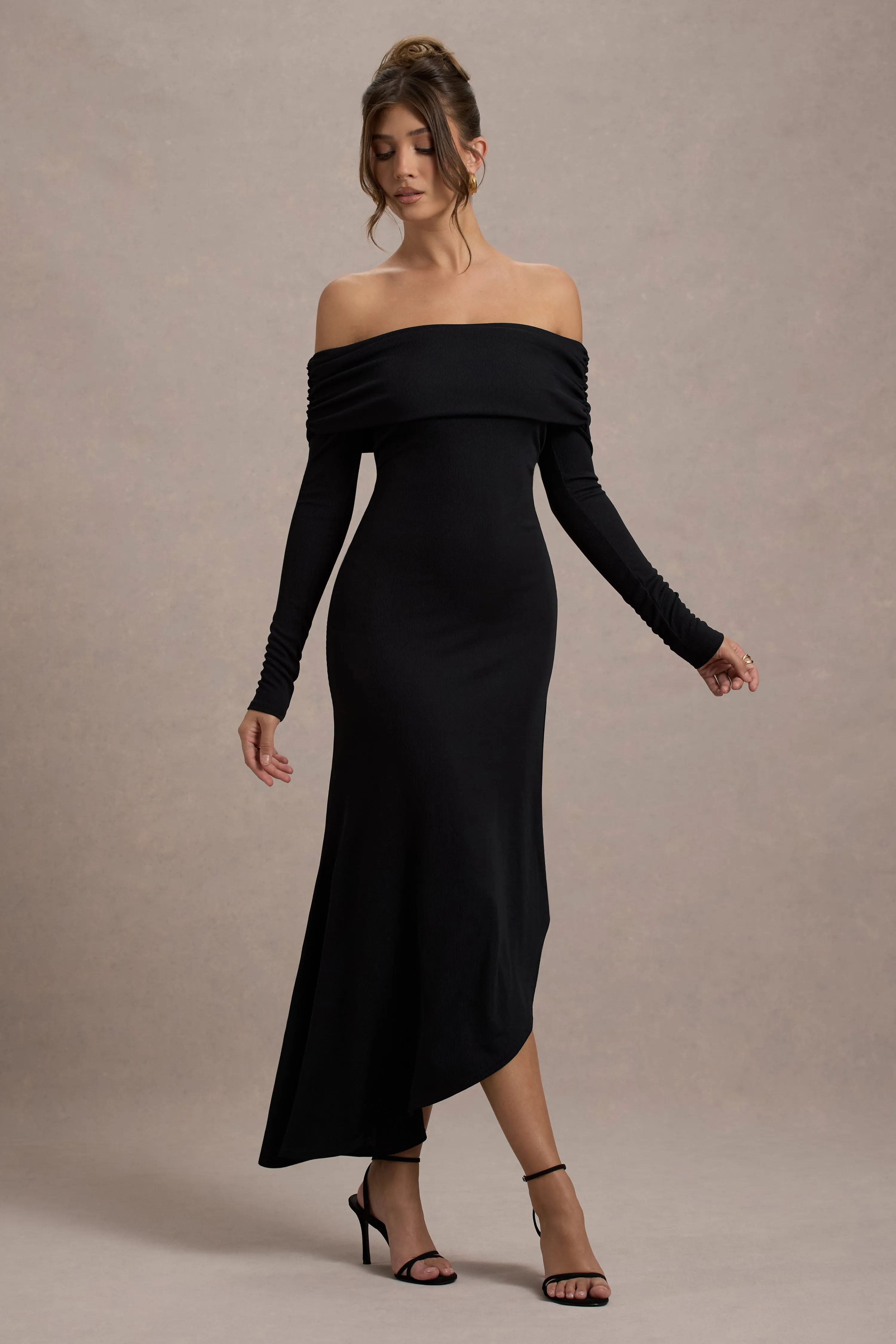 Romina | Black Rib Knit Bardot Maxi Dress With Asymmetric Hem sold by Club L London product image thumbnail 5