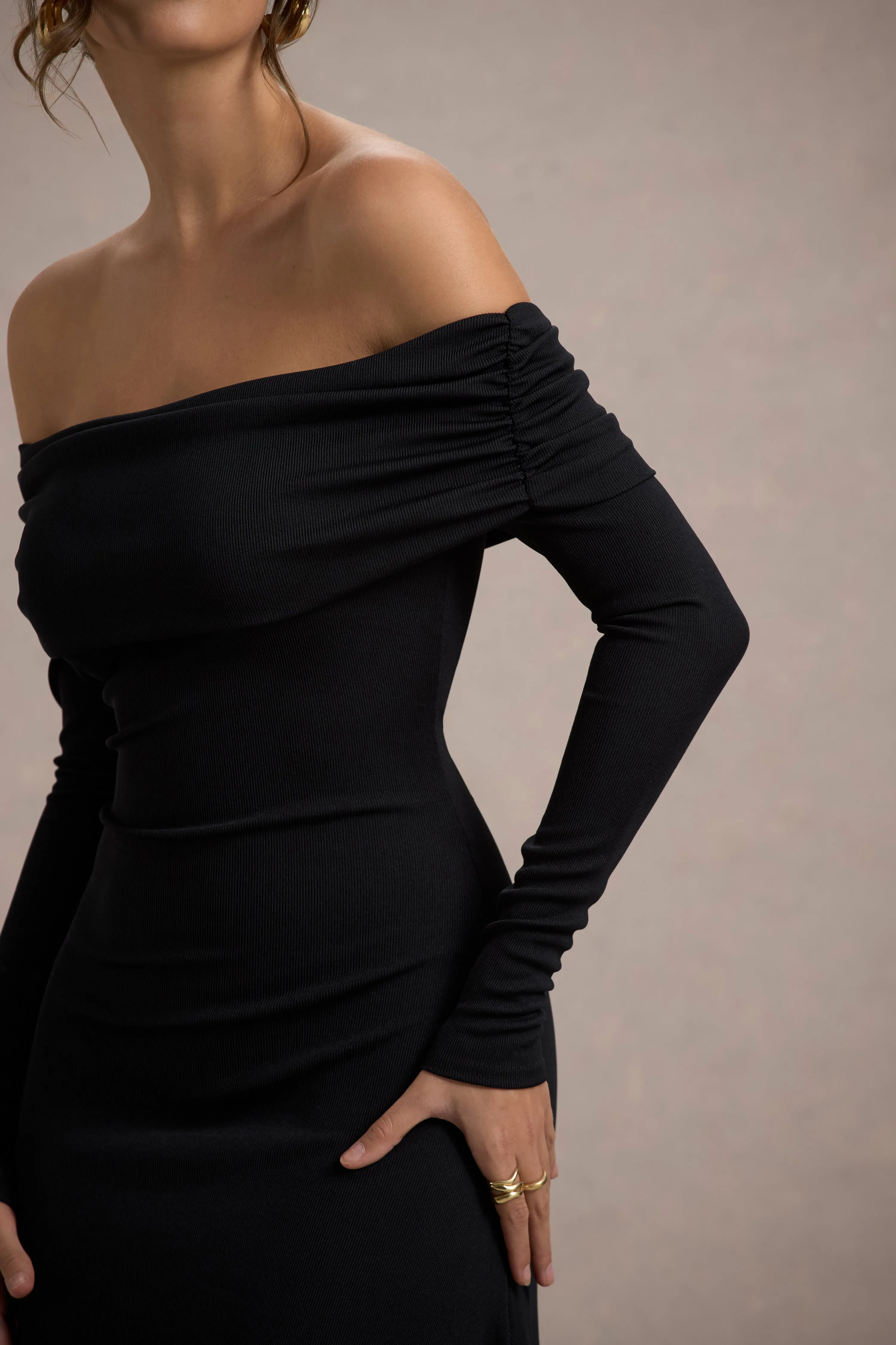 Romina | Black Rib Knit Bardot Maxi Dress With Asymmetric Hem sold by Club L London product image thumbnail 3