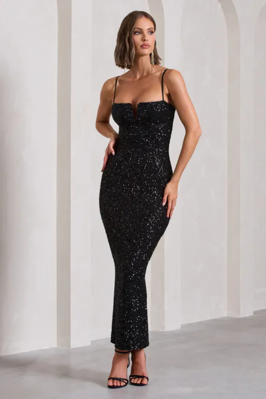 Dazzle Me | Black Sequin Strappy Bodycon Maxi Dress sold by Club L London