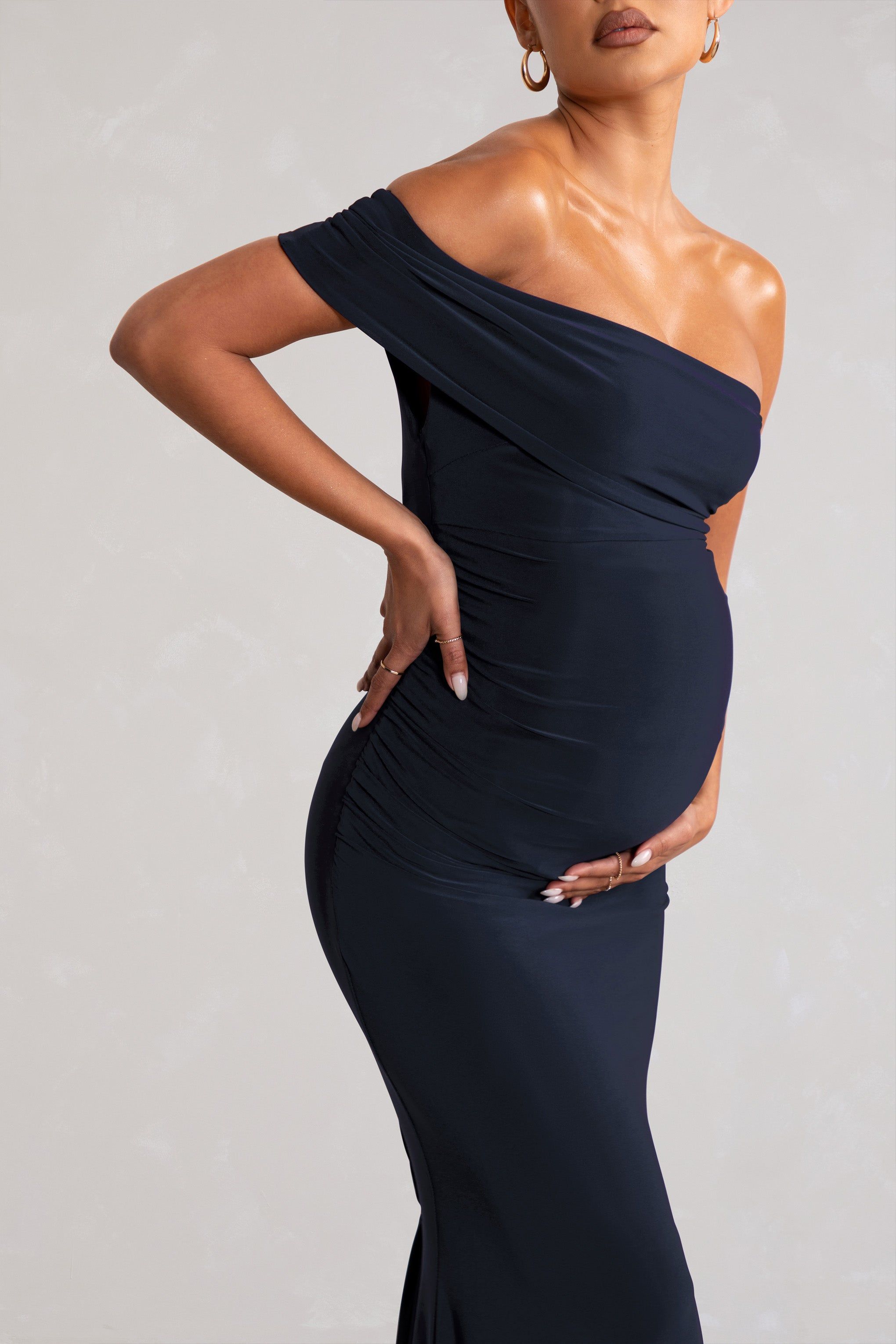 New Addition | Navy Maternity One Shoulder Fishtail Maxi Dress sold by Club L London product image thumbnail 3