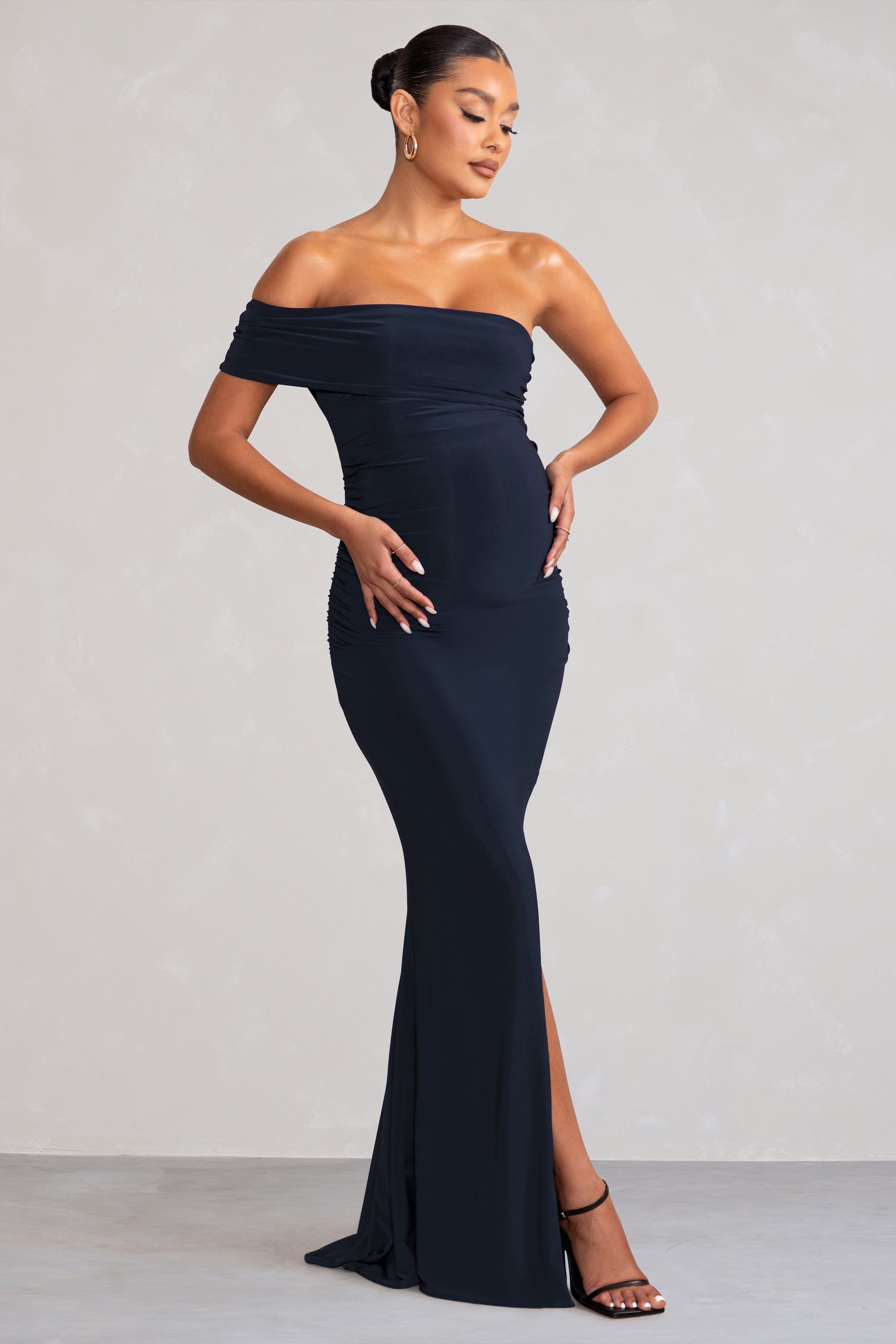 New Addition | Navy Maternity One Shoulder Fishtail Maxi Dress sold by Club L London product image thumbnail 5