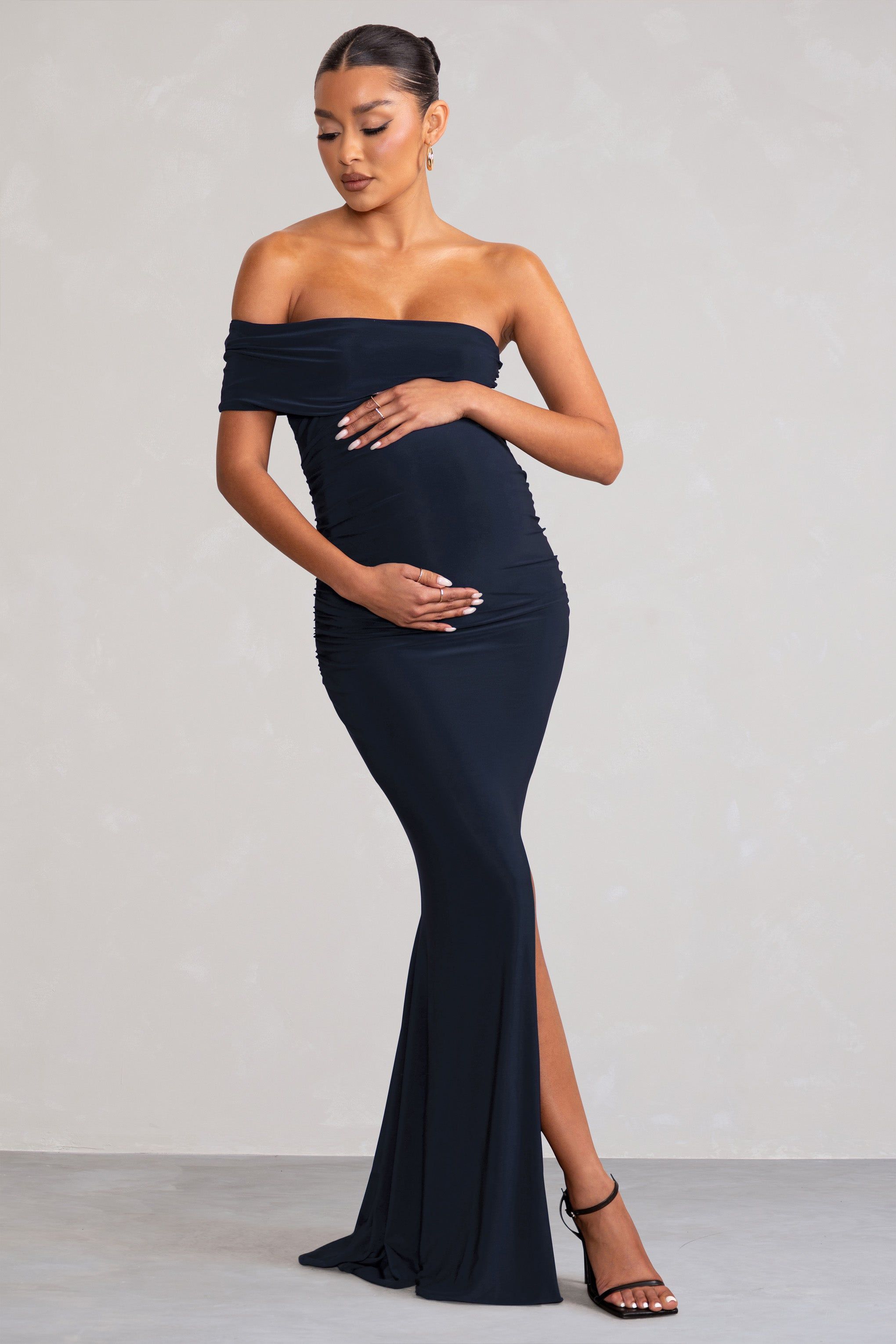 New Addition | Navy Maternity One Shoulder Fishtail Maxi Dress sold by Club L London product image thumbnail 4