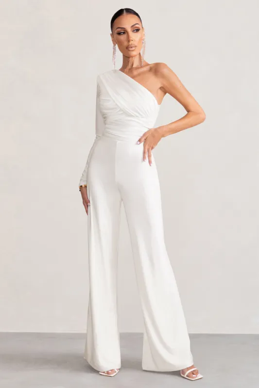Mila | White One Shoulder Ruched Wide Leg Jumpsuit sold by Club L London