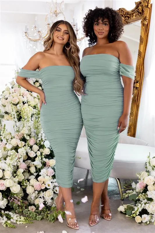 Lost For Words | Sage Bardot Ruched Draped Midi Dress sold by Club L London