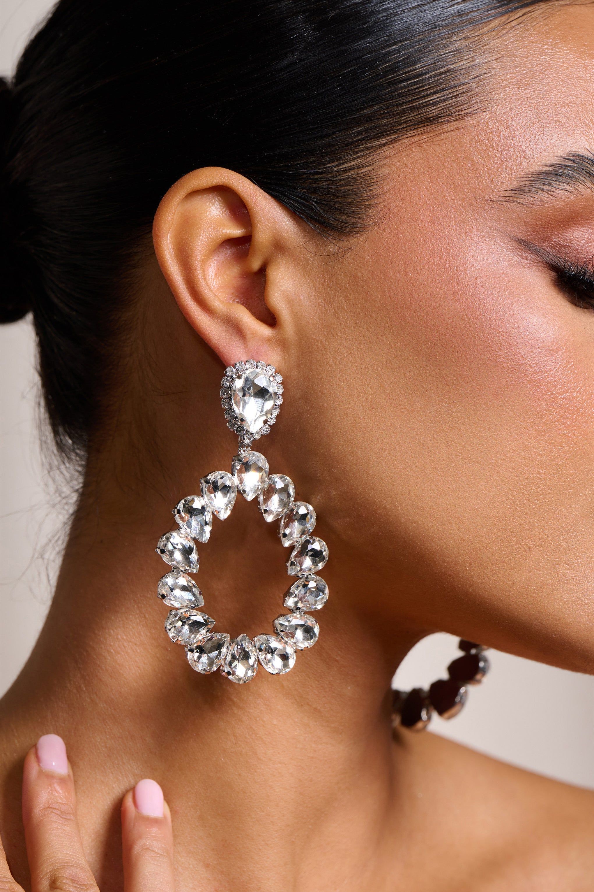Shania | Silver Diamante Teardrop Earrings sold by Club L London product image thumbnail 2
