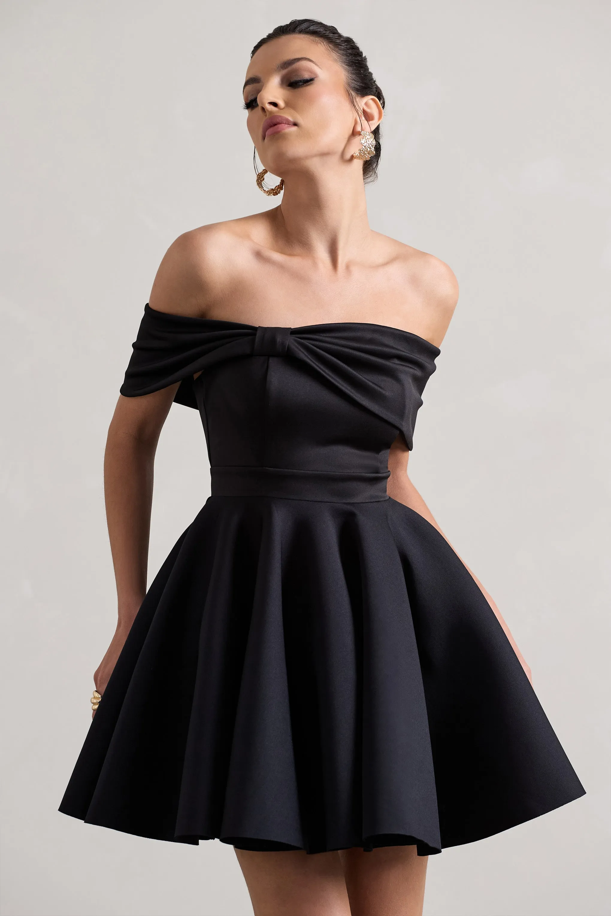 Snowfall | Black Bardot Bow Skater Mini Dress sold by Club L London product image thumbnail 3